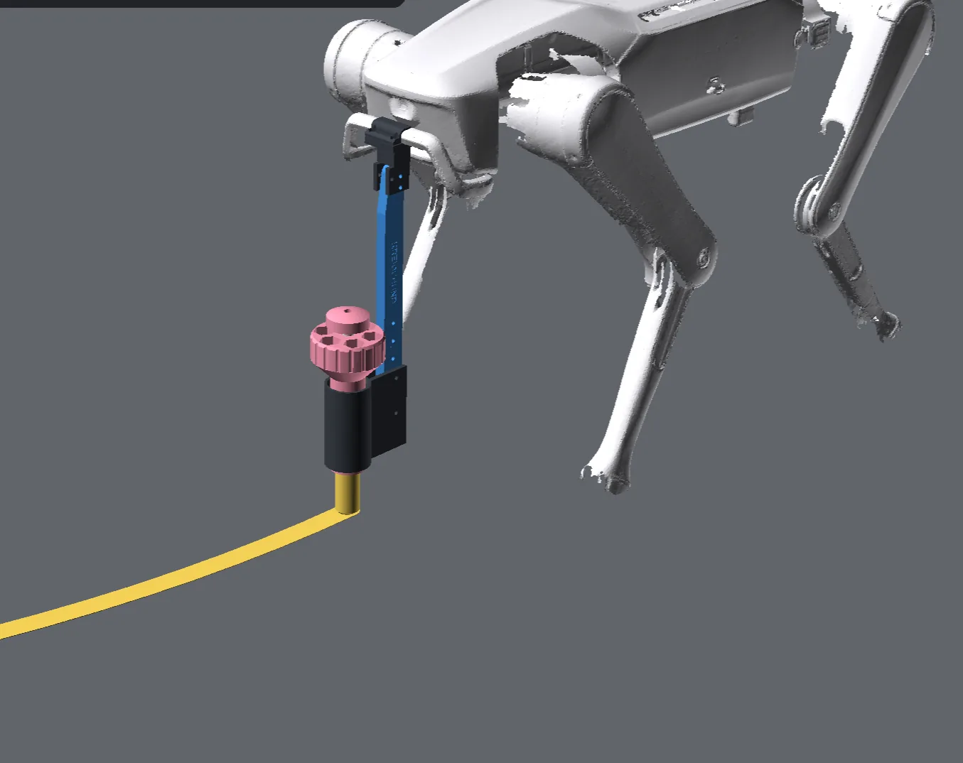 Visualisierung: Roboterhund Rover X1 zieht mit dem Kreidehalter eine Kreidelinie