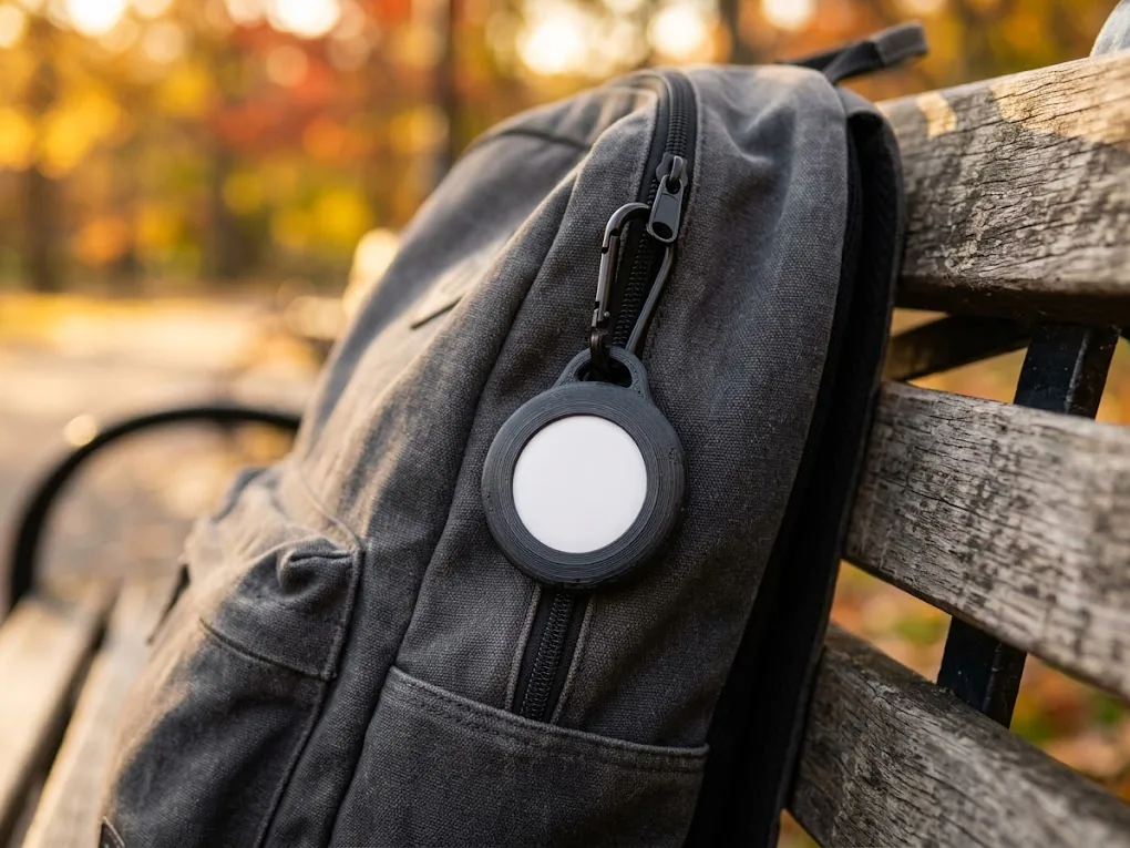 Visualisierung: schwarze 3D-gedruckte AirTag-Halterung am Rucksack
