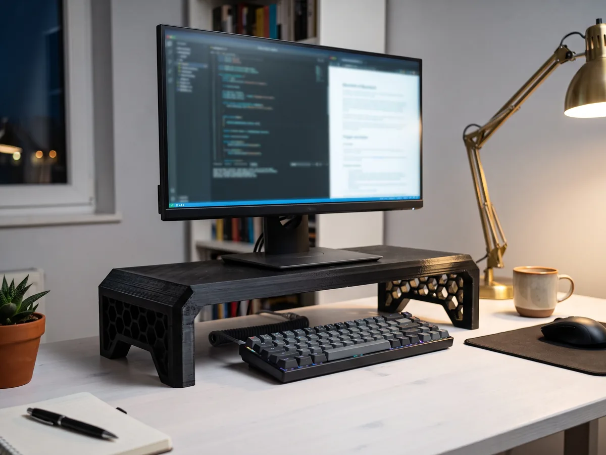 Visualisierung: schwarze 3D-gedruckte Bildschirmerhöhung mit Monitor im Homeoffice