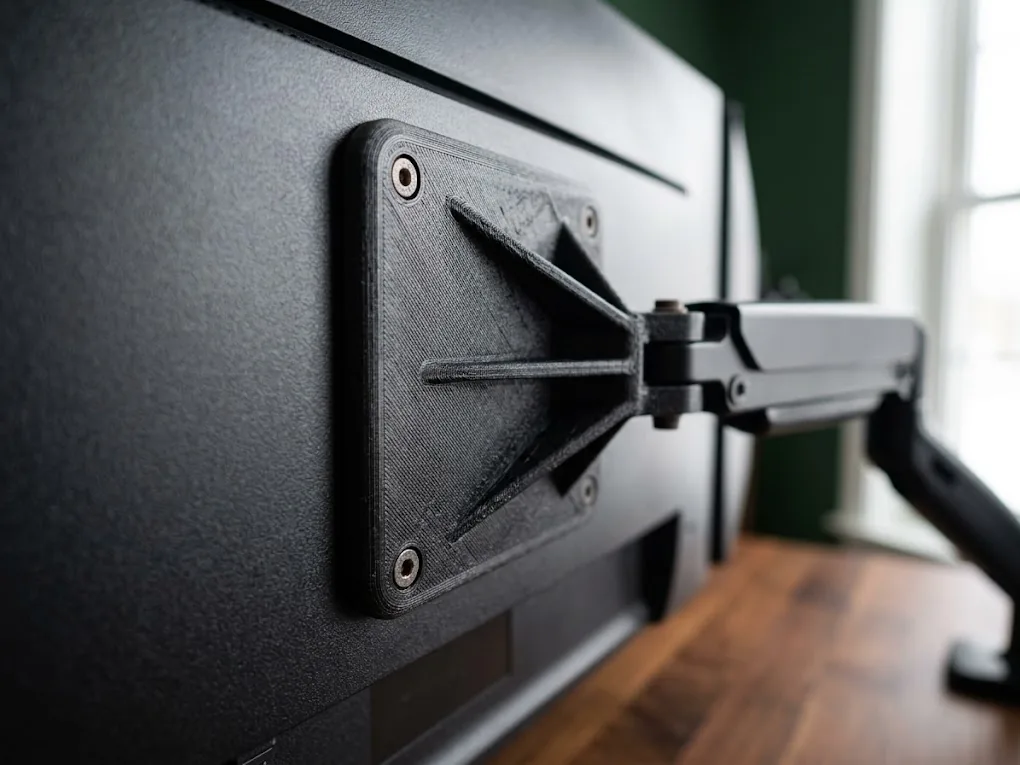 Visualisierung: schwarzer 3D-gedruckter VESA-Adapter an einem Monitorarm