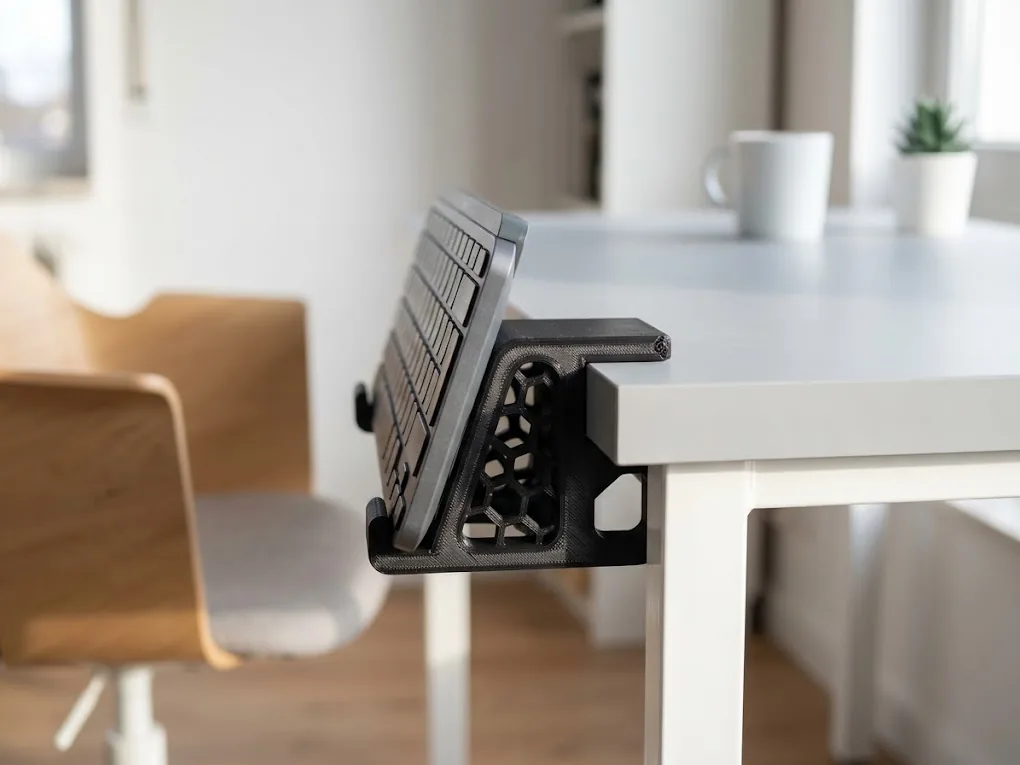Visualisierung: schwarze 3D-gedruckte Tastaturhalterung seitlich am Schreibtisch